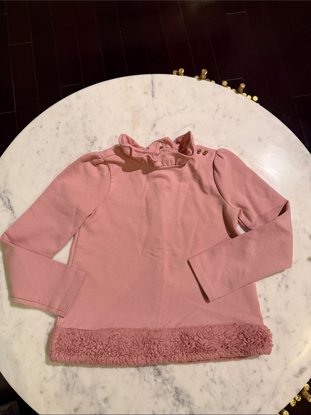 Janie and Jack Dusty Pink Ruffle Neck Long-Sleeve Top with Faux-Sherpa Trim
